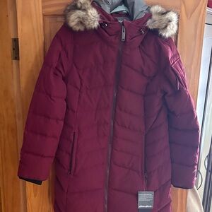 Eddie Bauer Maroon Puffer Jacket with Faux Fur Trim